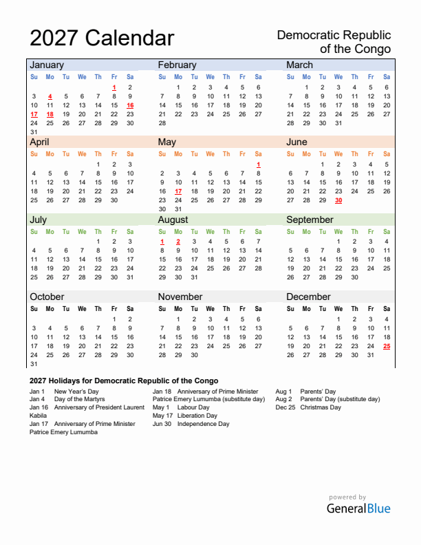 Calendar 2027 with Democratic Republic of the Congo Holidays