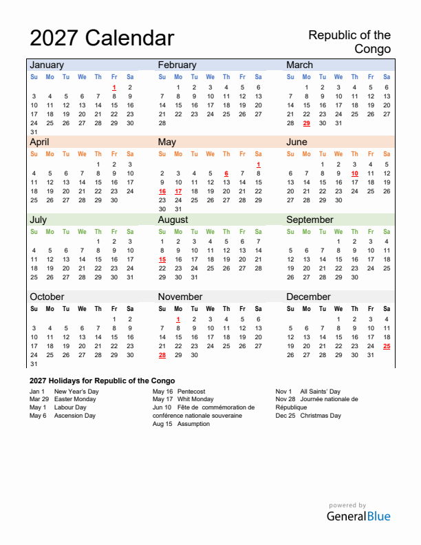 Calendar 2027 with Republic of the Congo Holidays