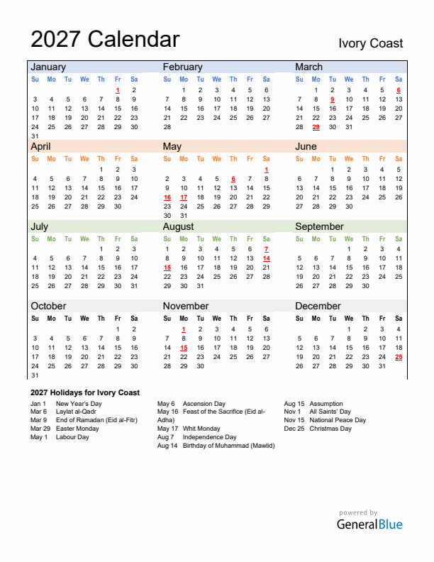 Calendar 2027 with Ivory Coast Holidays