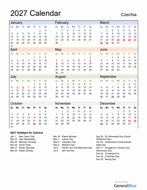 Calendar 2027 with Czechia Holidays