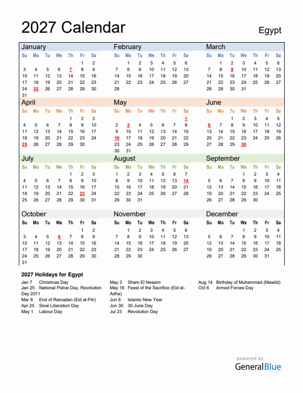 Calendar 2027 with Egypt Holidays