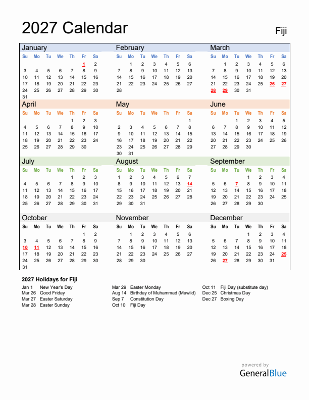 Calendar 2027 with Fiji Holidays