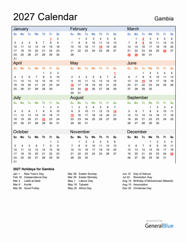 Calendar 2027 with Gambia Holidays