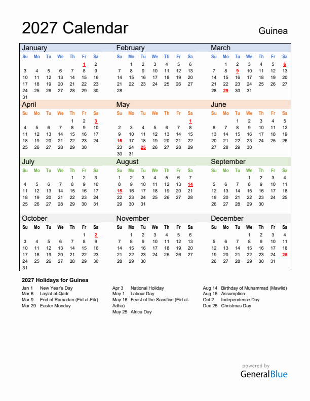 Calendar 2027 with Guinea Holidays
