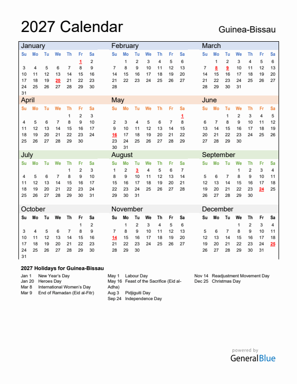 Calendar 2027 with Guinea-Bissau Holidays