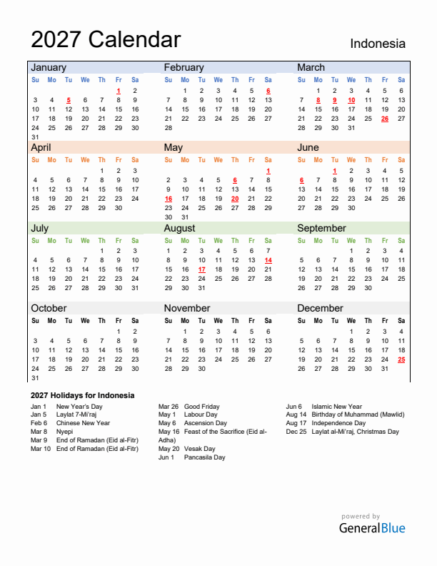 Calendar 2027 with Indonesia Holidays