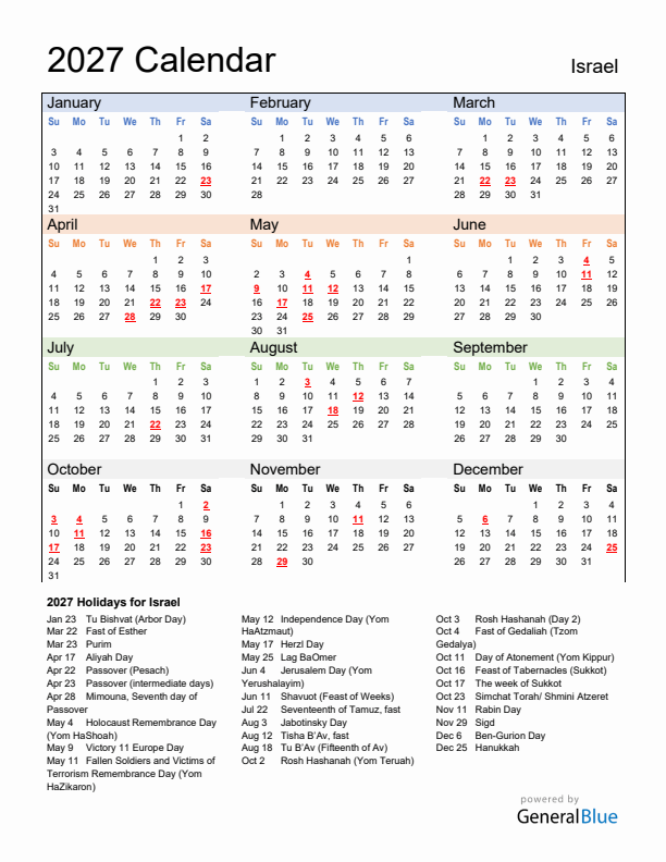Calendar 2027 with Israel Holidays