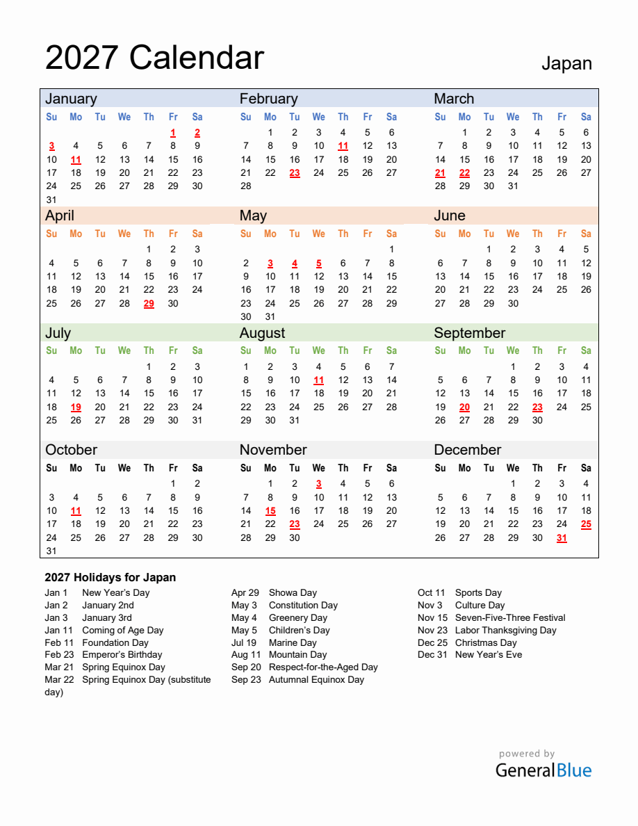 Annual Calendar 2027 with Japan Holidays Annual Calendar 2027 with Japan Holidays