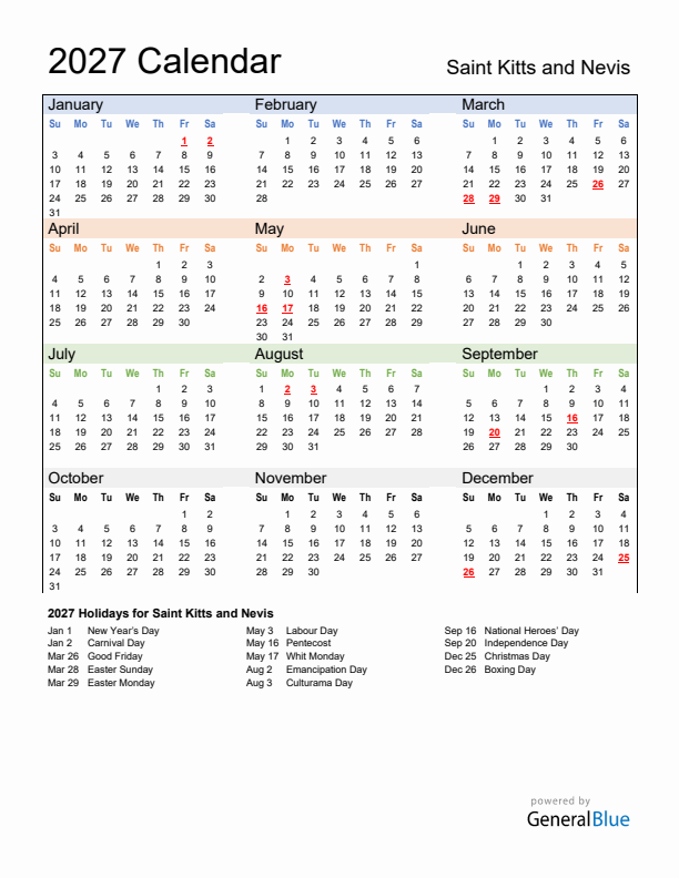 Calendar 2027 with Saint Kitts and Nevis Holidays