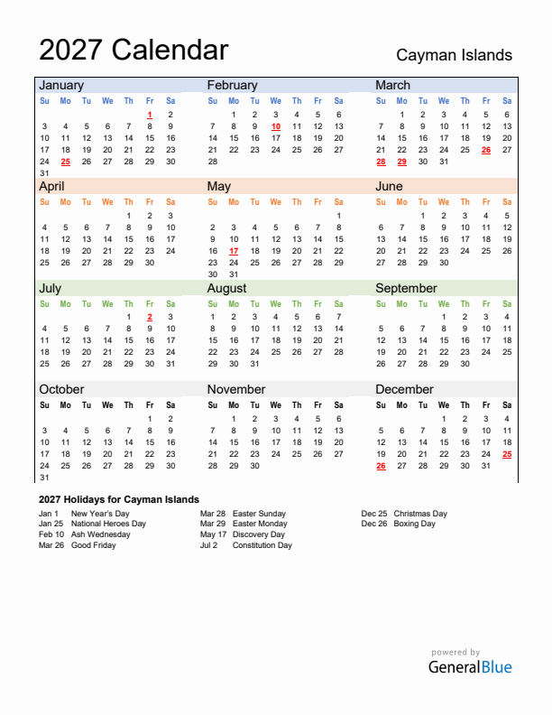 Calendar 2027 with Cayman Islands Holidays