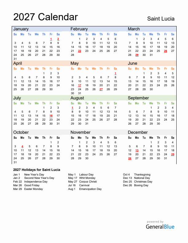 Calendar 2027 with Saint Lucia Holidays