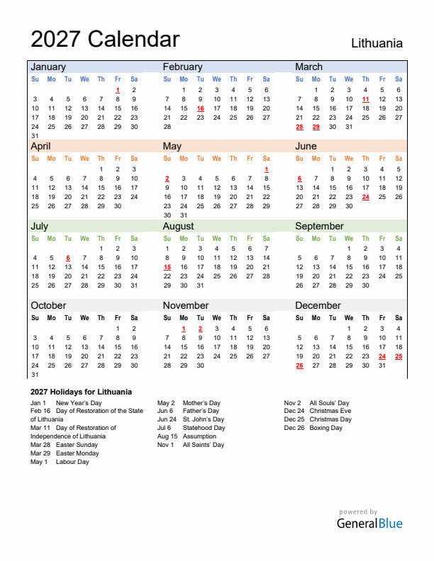 Calendar 2027 with Lithuania Holidays
