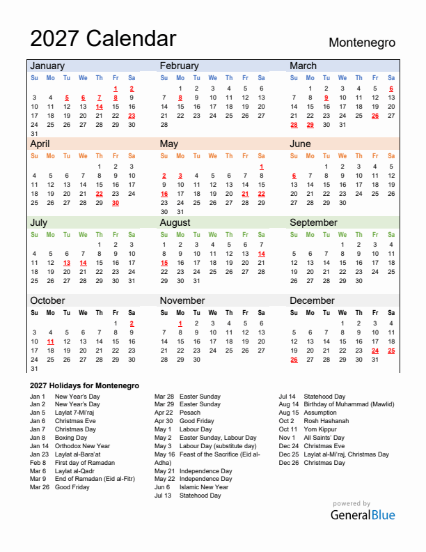 Calendar 2027 with Montenegro Holidays