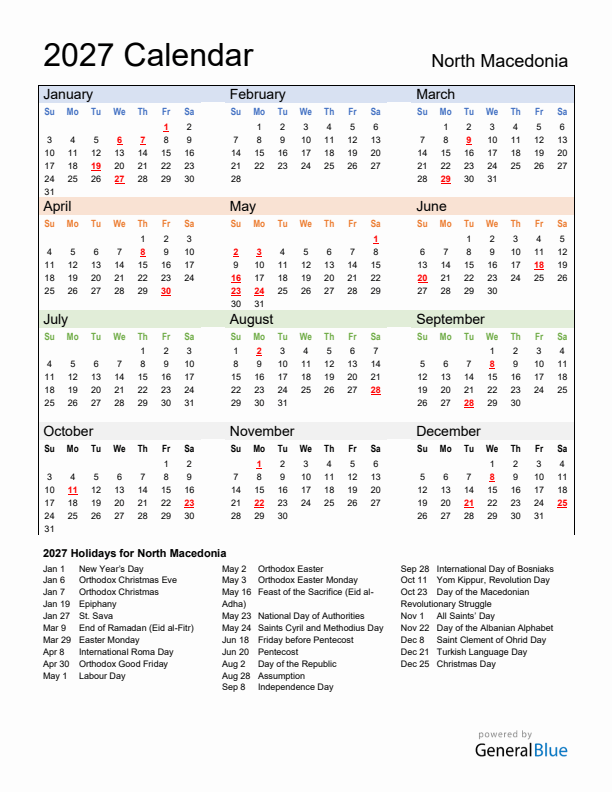Calendar 2027 with North Macedonia Holidays