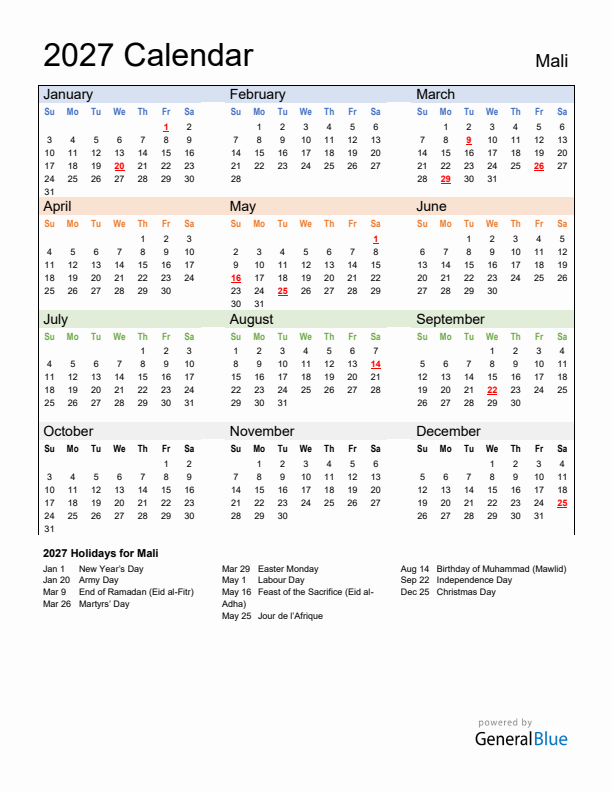 Calendar 2027 with Mali Holidays