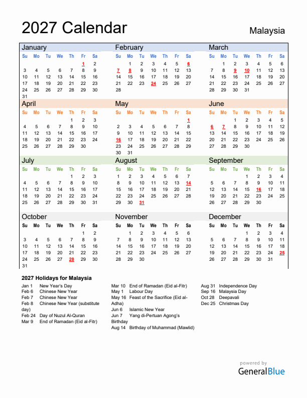 Calendar 2027 with Malaysia Holidays