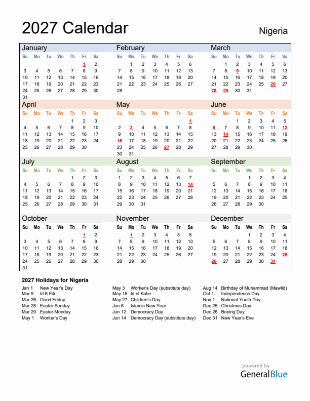 Calendar 2027 with Nigeria Holidays