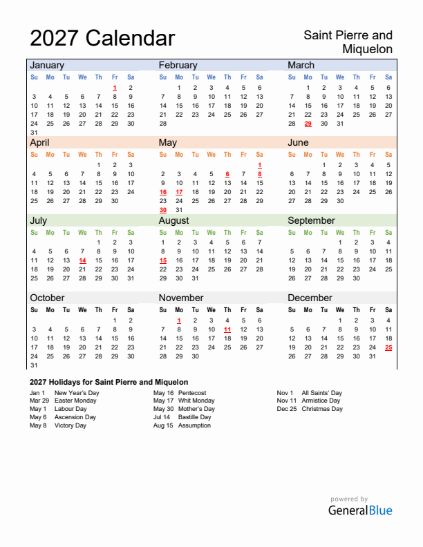 Calendar 2027 with Saint Pierre and Miquelon Holidays