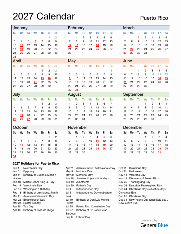 Calendar 2027 with Puerto Rico Holidays