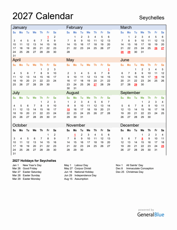 Calendar 2027 with Seychelles Holidays