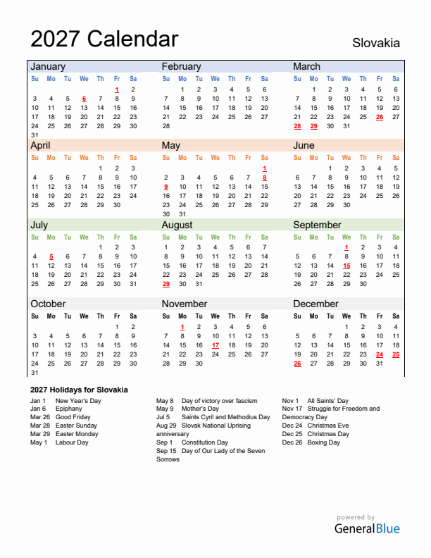 Calendar 2027 with Slovakia Holidays