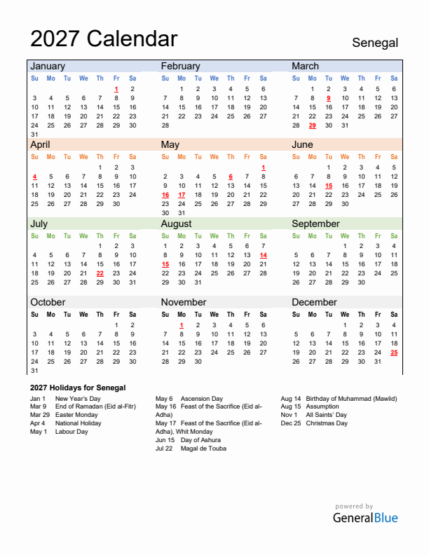 Calendar 2027 with Senegal Holidays