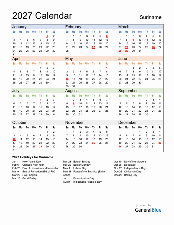 Calendar 2027 with Suriname Holidays