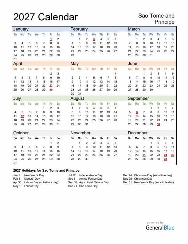 Calendar 2027 with Sao Tome and Principe Holidays