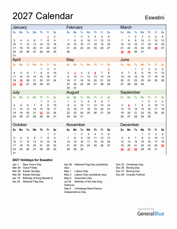 Calendar 2027 with Eswatini Holidays