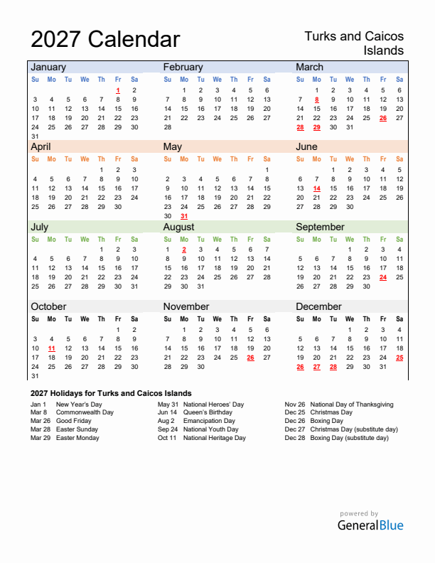 Calendar 2027 with Turks and Caicos Islands Holidays