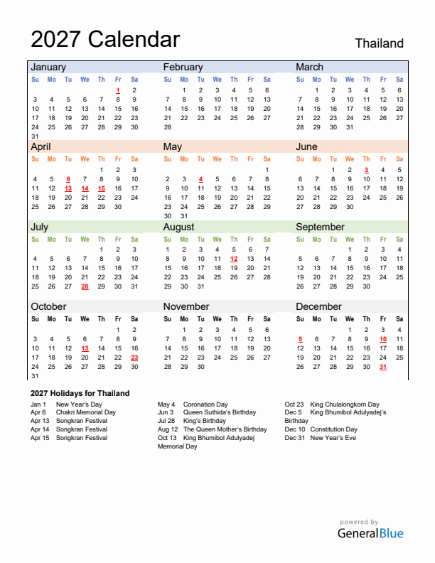 Calendar 2027 with Thailand Holidays