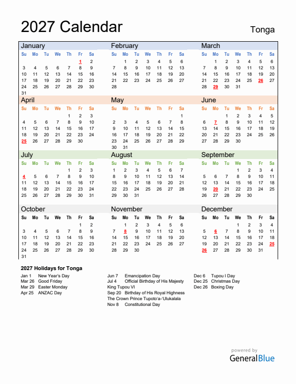 Calendar 2027 with Tonga Holidays