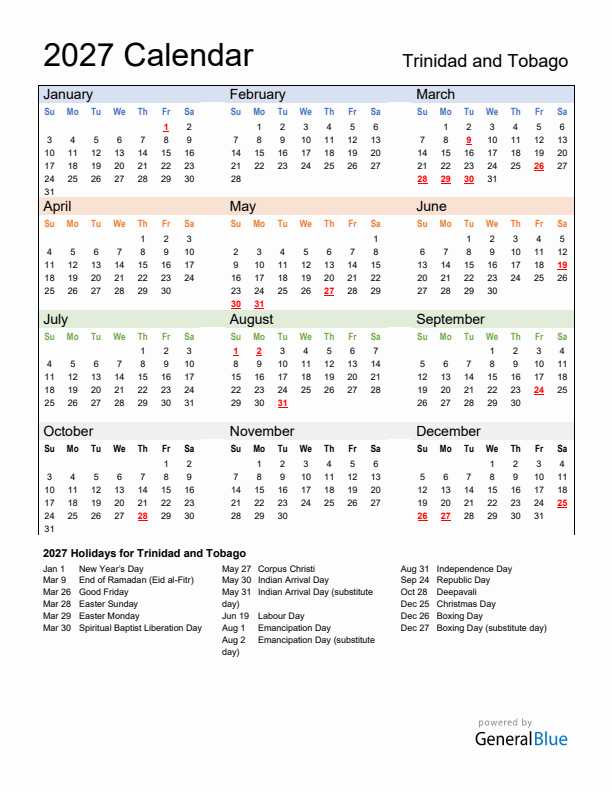 Calendar 2027 with Trinidad and Tobago Holidays