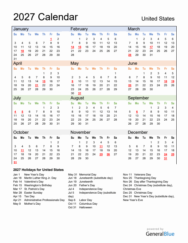 2027 United States Calendar With Holidays