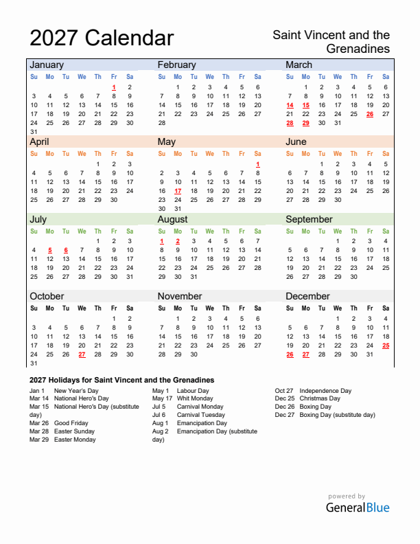 Calendar 2027 with Saint Vincent and the Grenadines Holidays