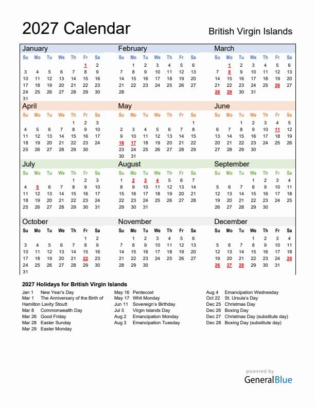 Calendar 2027 with British Virgin Islands Holidays