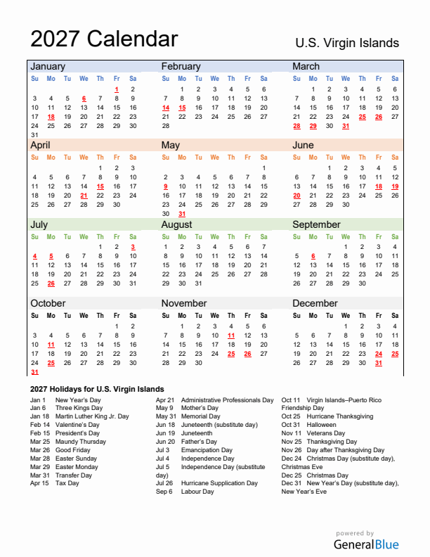 Calendar 2027 with U.S. Virgin Islands Holidays