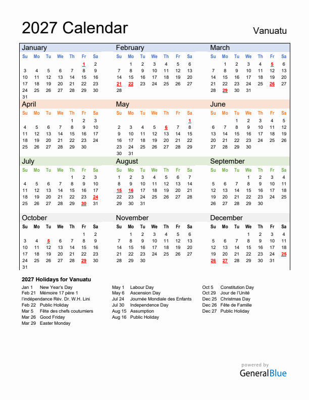 Calendar 2027 with Vanuatu Holidays