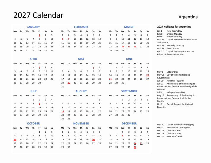 2027 Calendar with Holidays for Argentina