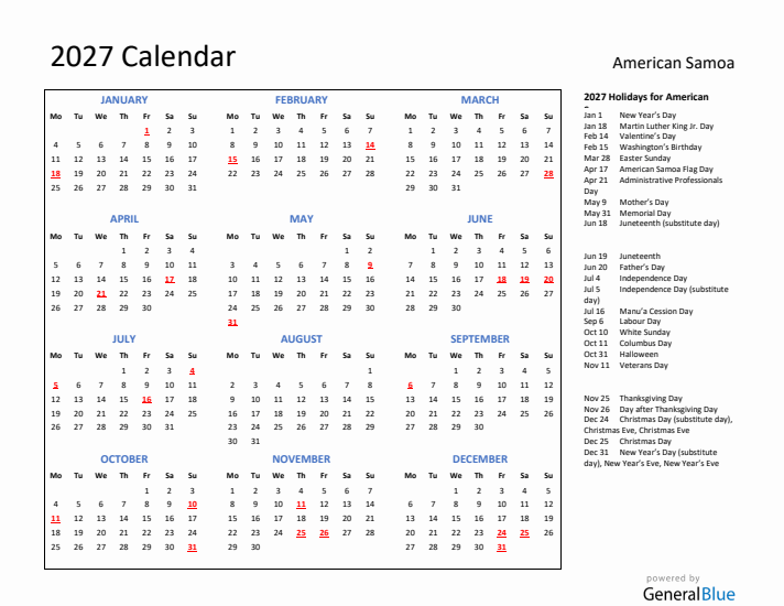 2027 Calendar with Holidays for American Samoa