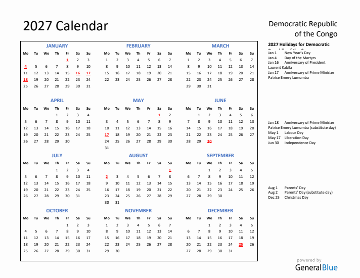 2027 Calendar with Holidays for Democratic Republic of the Congo