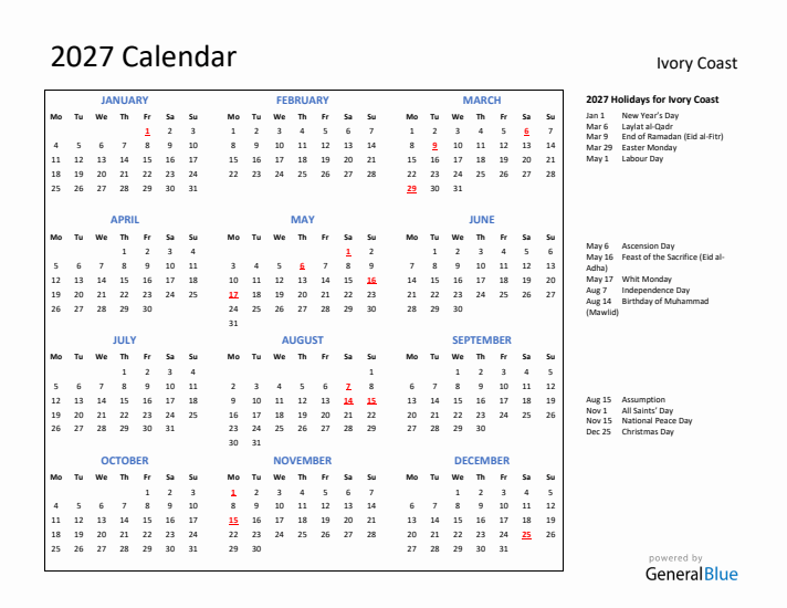 2027 Calendar with Holidays for Ivory Coast