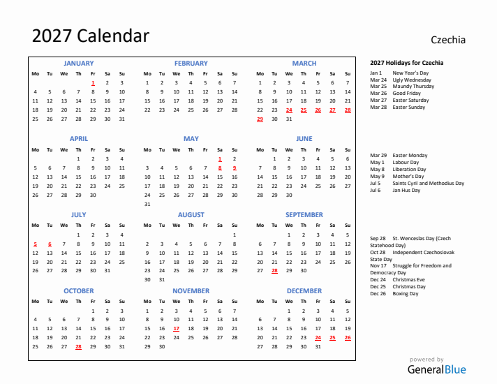 2027 Calendar with Holidays for Czechia