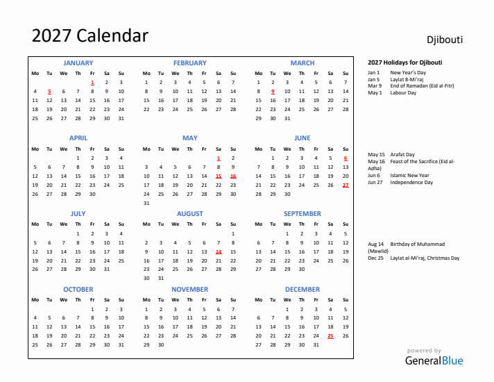 2027 Calendar with Holidays for Djibouti