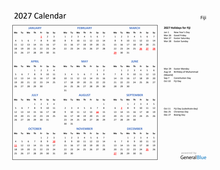 2027 Calendar with Holidays for Fiji