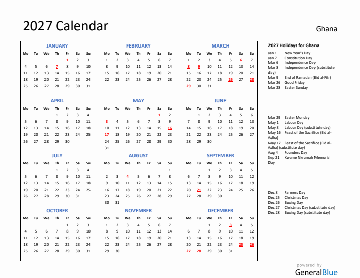 2027 Calendar with Holidays for Ghana