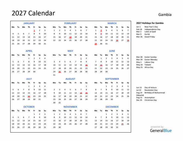 2027 Calendar with Holidays for Gambia
