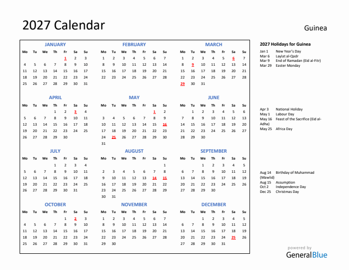 2027 Calendar with Holidays for Guinea