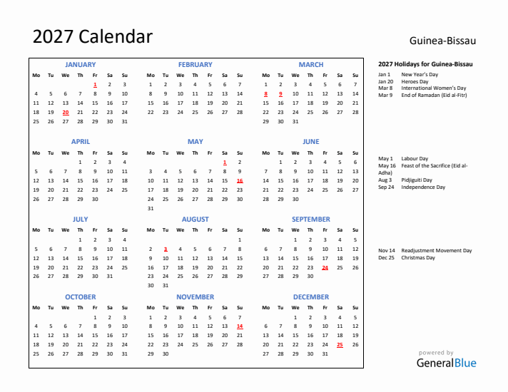 2027 Calendar with Holidays for Guinea-Bissau