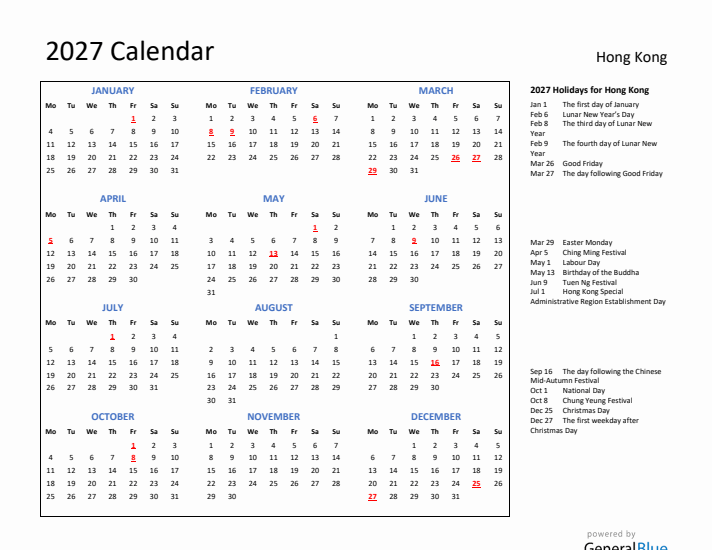 2027 Calendar with Holidays for Hong Kong